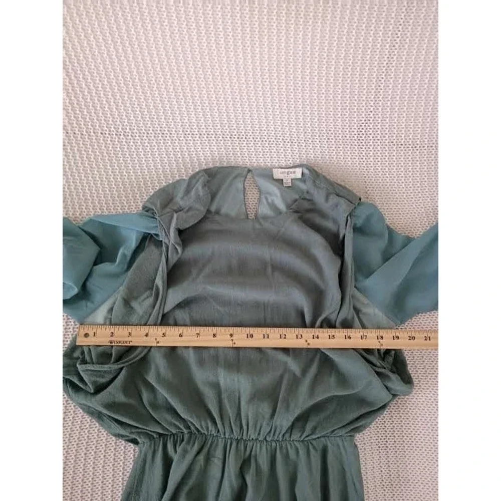 UMGEE‎ Sage Green Linen Mini Dress Blue Contrast Slve Smocked Cuff S Cottagecore